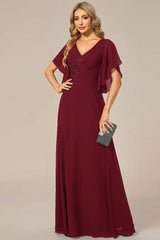 Robe Demoiselle D'Honneur Maxi Jupe Ample Mousseline Col En V Manches Flottantes-Bordeaux-40