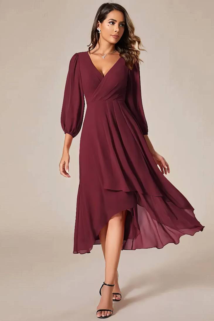 Robe De Soirée Longue Femme Élégante - Manches 3/4, Col V, Style High-Low (Jupe Asymétrique) - Pour Mariage, Cocktail, Soirée Chic
