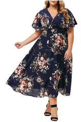 Robe Demoiselle D'Honneur Midi Grande Taille Fleurs Colorées Col V Manches Courtes-