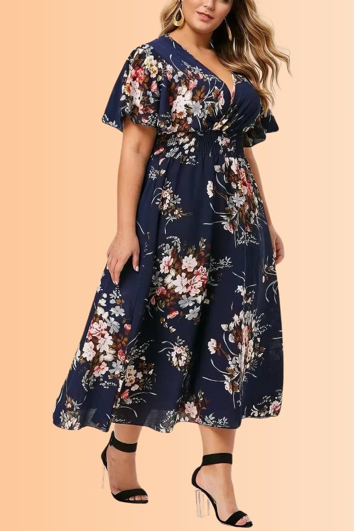 Robe Demoiselle D'Honneur Midi Grande Taille Fleurs Colorées Col V Manches Courtes-Bleu Marine-4XL (60-62)