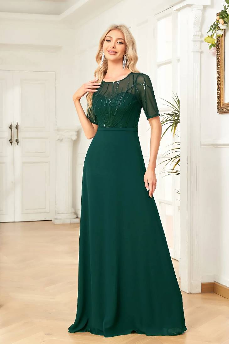 Robe Demoiselle D'Honneur Mousseline De Soie Col Rond Ligne A Bustier Transparent Manches Courtes-Vert Foncé-S (36-38)