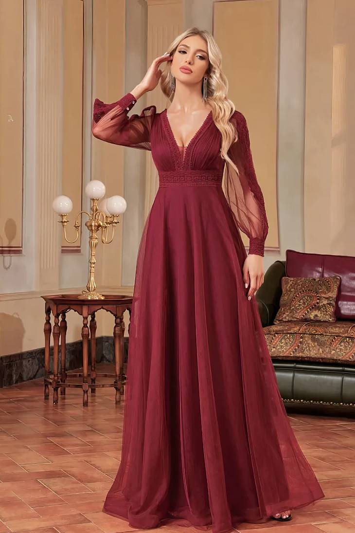 Femmes Brillant Fuchsia Volants Manches Longue Robe De Bal Noeud Papillon Robe Formelle – FR