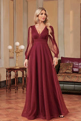 Robe Demoiselle D'Honneur Mousseline De Soie Longue Fluide Manches Longues Évasées Transparentes-Bordeaux-S (36-38)