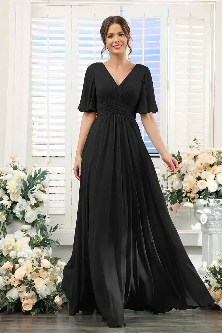 Robe Longue Demoiselle D'Honneur Mousseline De Soie Col V Fendue Avec Poches – Élégante Et Sexy C091