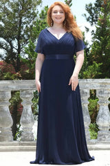 Robe Demoiselle D'Honneur Mousseline Grande Taille Empire Fluide Double Col V-Bleu Marine-50