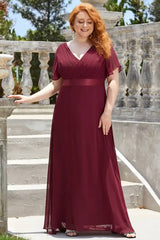 Robe Demoiselle D'Honneur Mousseline Grande Taille Empire Fluide Double Col V-Bordeaux-40