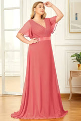 Robe Demoiselle D'Honneur Mousseline Grande Taille Empire Fluide Double Col V-Corail-44