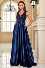 Robe Demoiselle D'Honneur Satin À Paillettes Dos Nu Sans Manches Col En V-Bleu Marine-S (36-38)