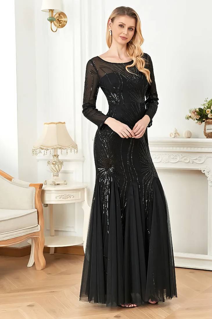 Robe Sirène Mac Duggal Taille 10 Noire - Manches Plumes, Dentelle, Paillettes, Illusion, Longue, Neuve Sans étiquette