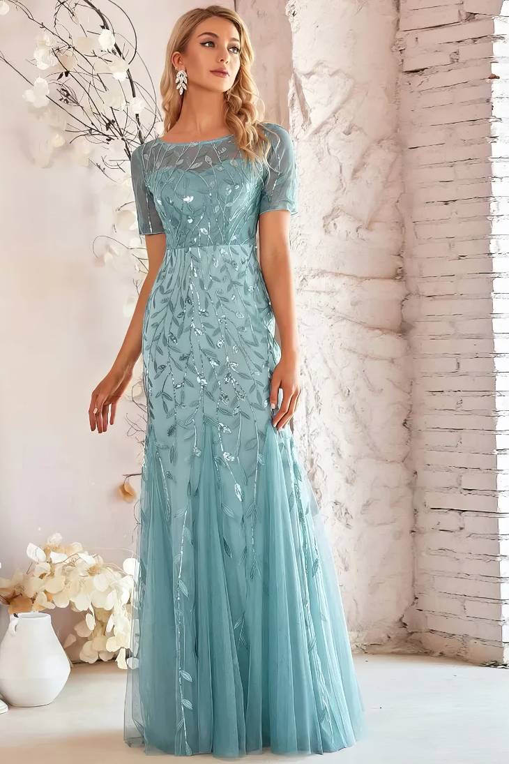 Robe Demoiselle D'Honneur Sirène Tulle Brodé Manches Mi-Longues